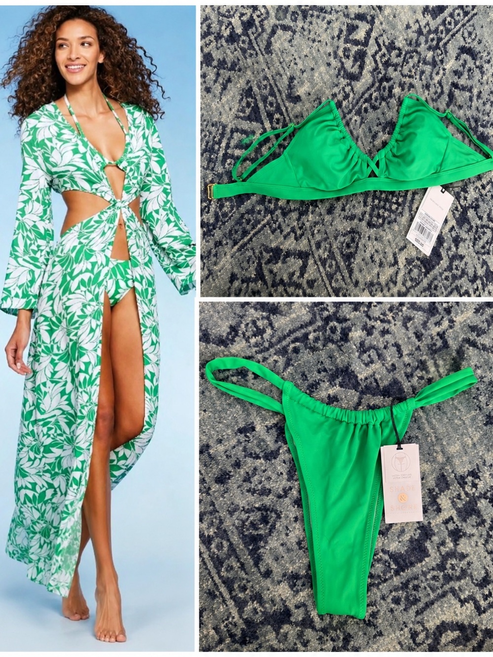 Shade & Shore Green Bikini Set with Green and White Leaf-Print Cover-Up